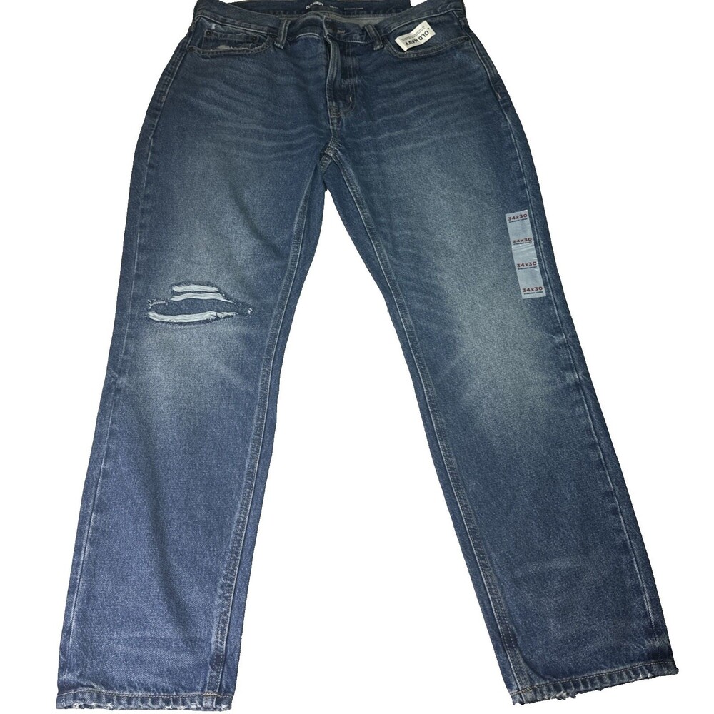 Old Navy Medium Distressed Denim Straight Taper Jeans 5-Pocket Button Zip 34x30